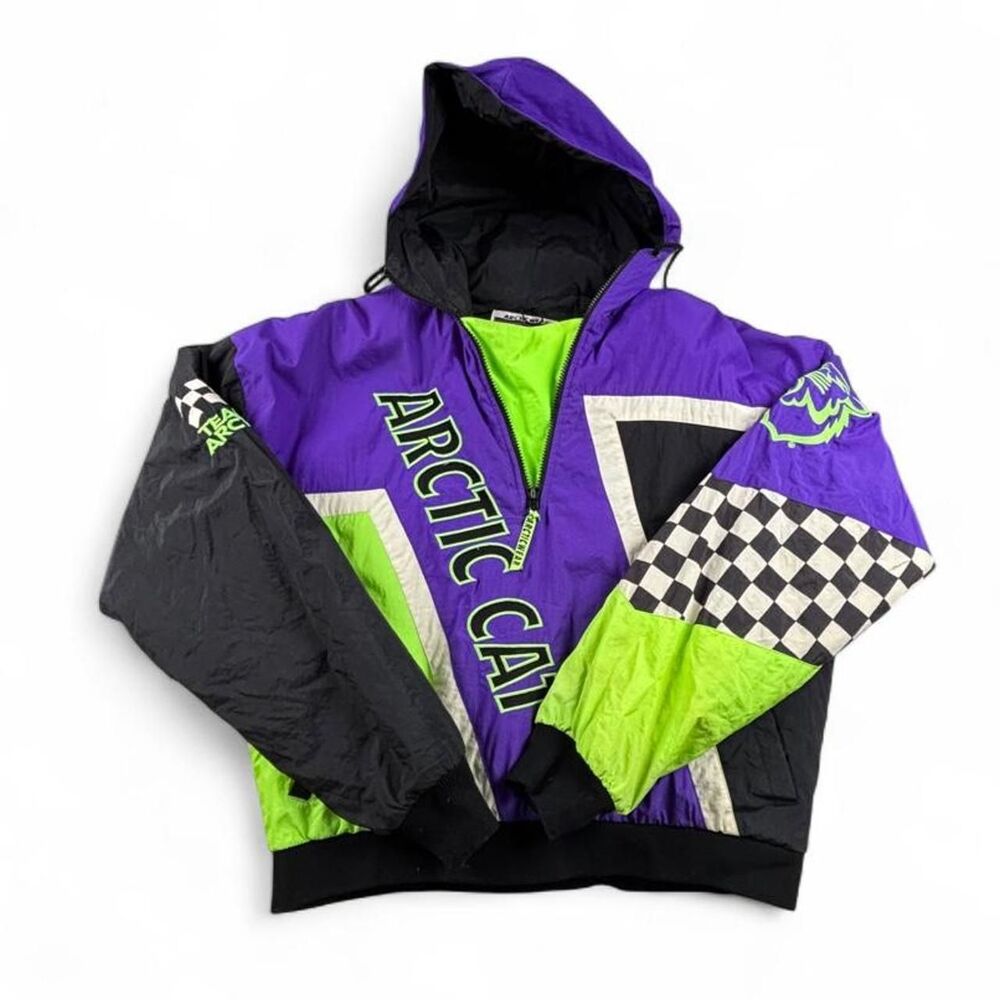 Vintage 90s Arctic Cat Purple Neon Green Ski Snowmobile Jacket Unisex M Hooded
